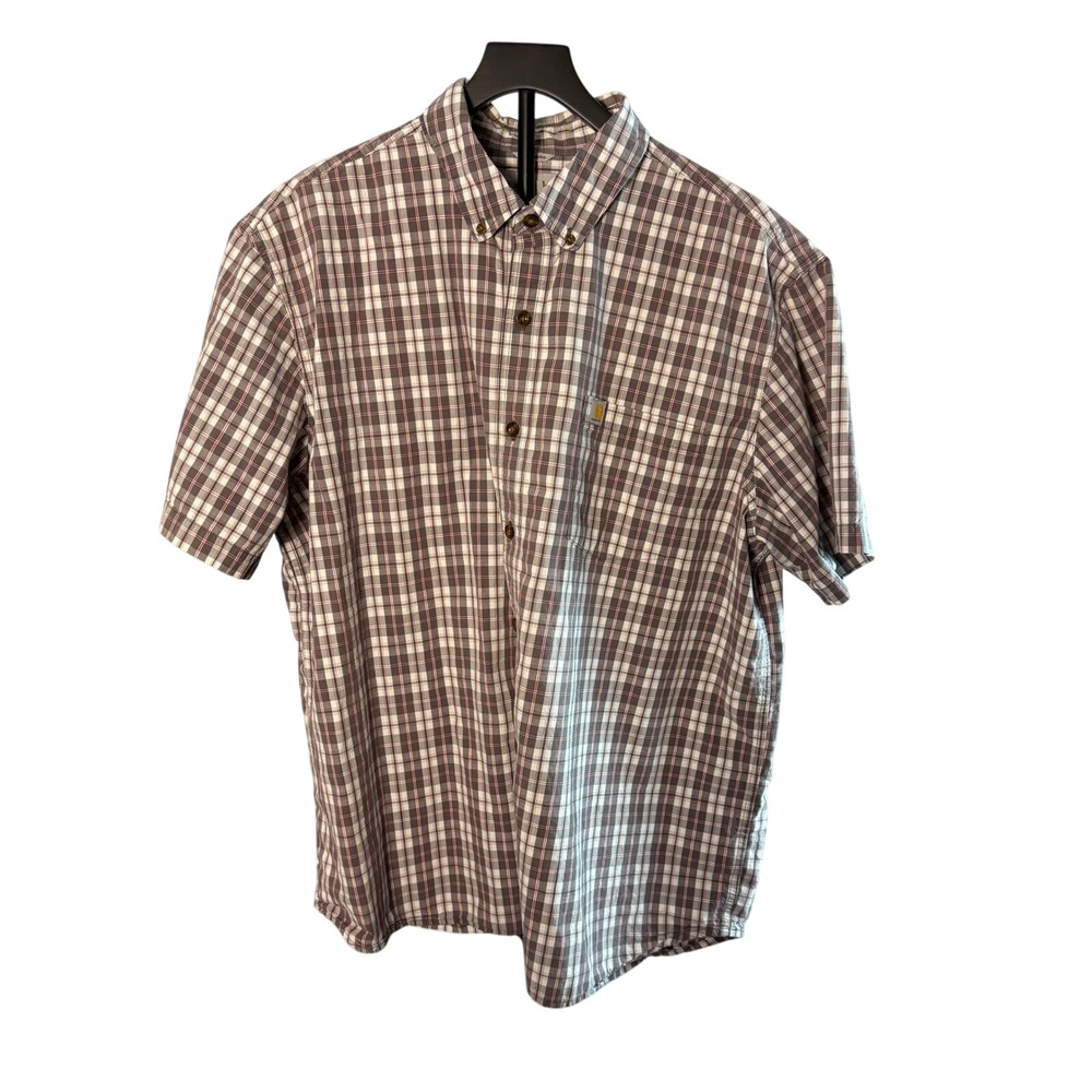Carhartt Mens Relaxed Fit Plaid Short Sleeve Button Down Shirt Grey Red 2XL